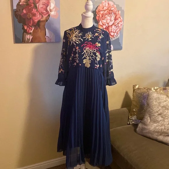 embroidered maternity dress Momyknows Mesh Embroidery Floral Ruffle Bodycon Maternity Maxi Dress Beige / L